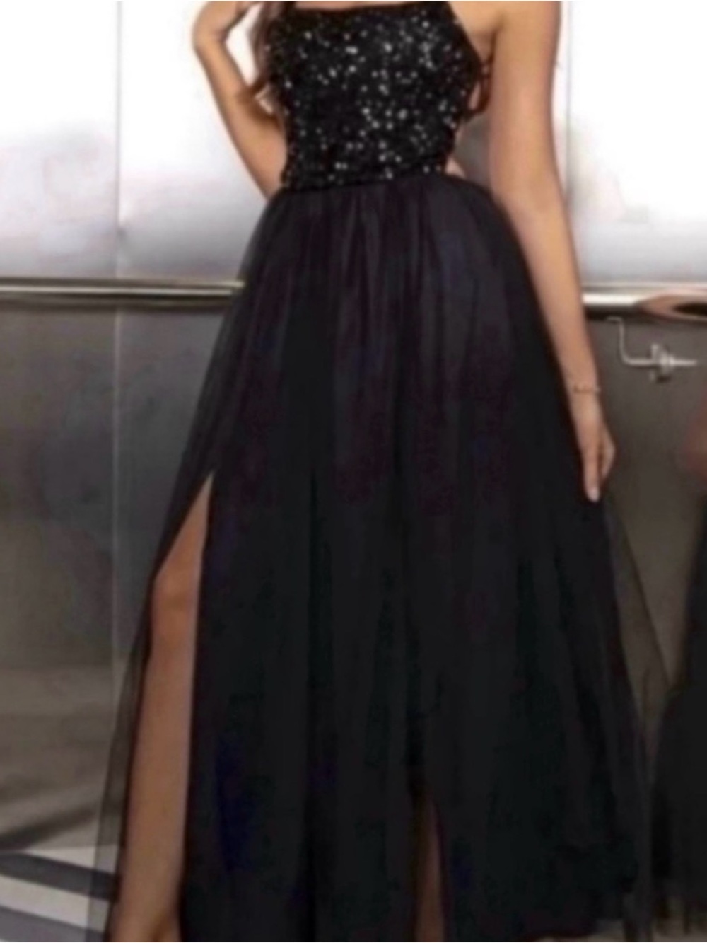 Elegant Black Sequin Bodice Evening Dress